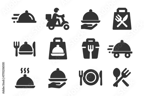 Food delivery icons: motorcycle, tray, takeout, cutlery, dining symbols.