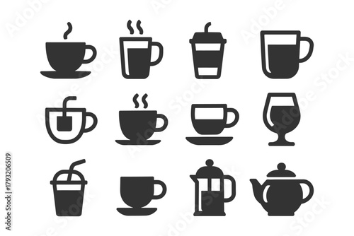 Variety of coffee and tea cup icons in silhouette style.