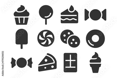 Assorted black and white dessert icons: cupcake, lollipop, cake, candy, ice cream, and cookie symbols.