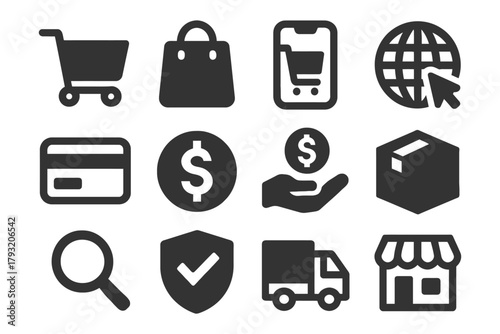 E-commerce shopping icons: cart, bag, payment, delivery, security.