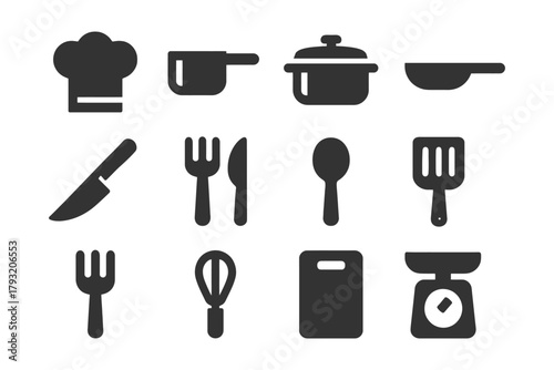 Silhouette icons of kitchen utensils and cookware set.