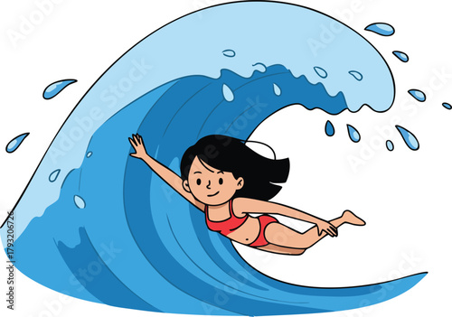 Girl surfing large blue wave in ocean water splash vector illustration for leisure and sports activity 
