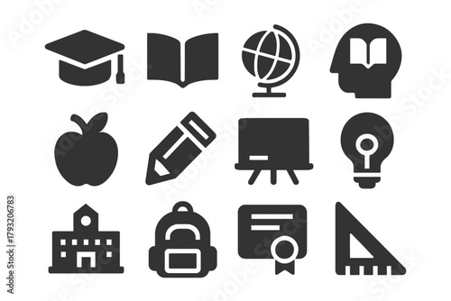 Education icons set featuring graduation cap, book, globe, apple, pencil, blackboard, light bulb.