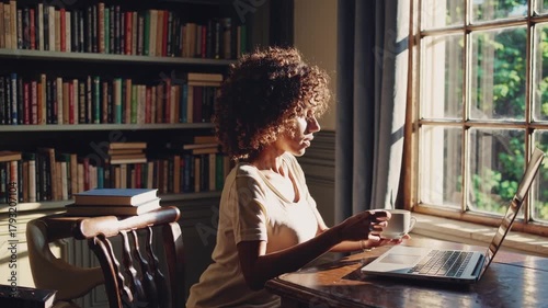 black woman typing laptop by window in cozy home library, natural light through tall panes, bookshelves lining