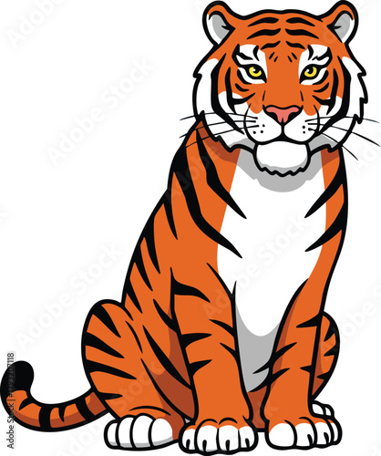Tiger sitting with orange and black stripes in simple vector illustration style for wildlife design 