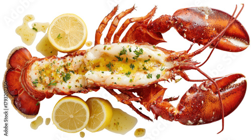 Delicious lobster with lemon, garnished with herbs and spices. or transparent background