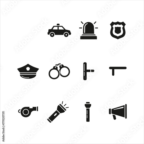 Essential law enforcement icons representing security, order, and justice for modern professional use