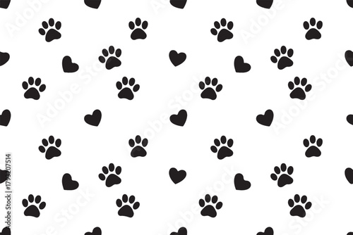 Black Paw Prints and Tiny Hearts Seamless Pattern on White Background for Pet Lovers