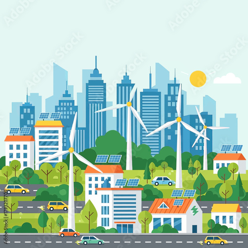 A vibrant illustration of a sustainable city with wind turbines, solar panels, and green spaces.