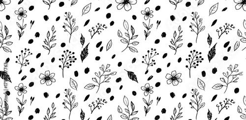 Charming black and white nature-inspired seamless doodle pattern with artistic flowers, intricate branches, and scattered organic shapes for creative designs