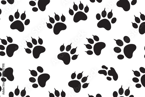 Black Paw Prints Seamless Pattern with Claw Mark Details on Clean White Background