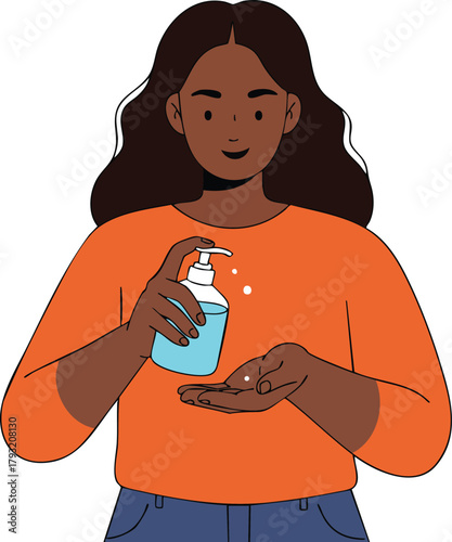 Woman in orange shirt using hand sanitizer bottle for hygiene prevention health care vector illustration 