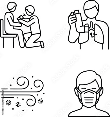 Respiratory health, allergy, and medical protection icons: inhaler, vaccination, dust, mask