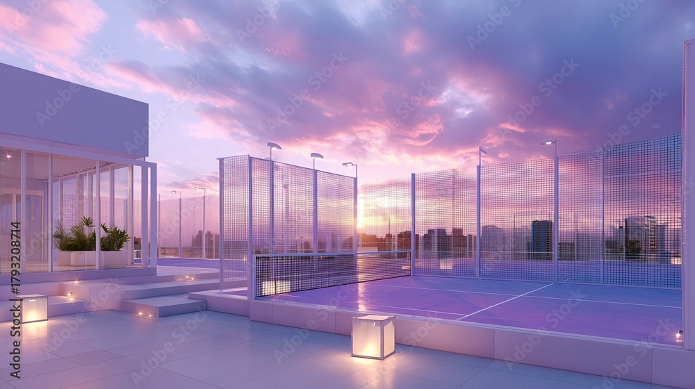 Obraz premium Colorful sunset over modern rooftop tennis courts with city skyline in background