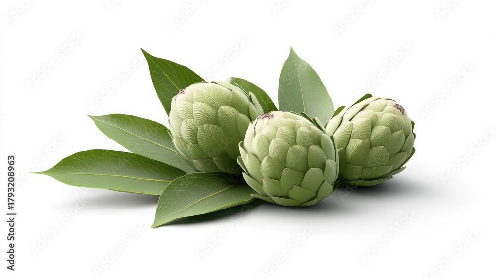 Obraz premium Sugar apple fruit with leaves on white background, realistic botanical illustration style, detailed textures
