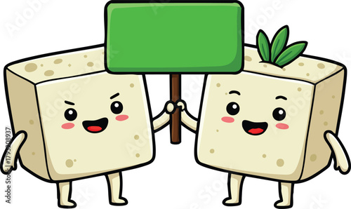 Two cute tofu cubes with happy faces holding blank green sign vector illustration for food and vegetarian themes 