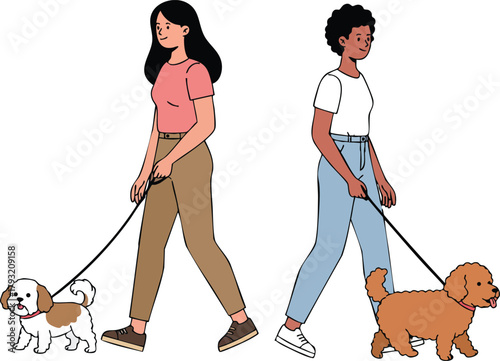 Women walking dogs on leashes casual outdoor activity lifestyle illustration vector image 