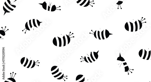 Bee pattern vector, black and white insect design, whimsical bug illustration, abstract wings, playful layout, seamless nature graphic