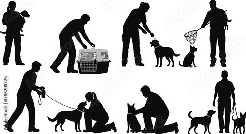 Dog interaction silhouettes, pet care scene, training and rescue poses, leash and carrier, animal welfare, human bonding, vector art