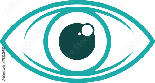 Cartoon eye vector, teal iris design, minimalist vision symbol, observation icon, awareness graphic, visual art, pupil highlight, stylized anatomy