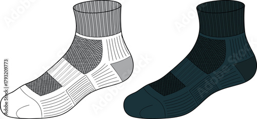 Athletic socks, vector, illustration, sketch, outline, performance, breathable, ribbed, padded, heel, toe, durable, sporty, gear, design, technical, structured, ergonomic, layout, fit