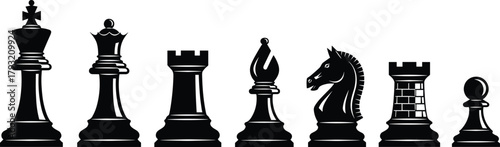 Chess piece vector set, black icons, stylized game symbols, king queen rook bishop knight pawn, strategy graphic, minimal design