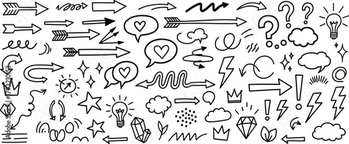 Hand-Drawn Doodles Arrows, Hearts, Stars, and Geometric Shapes for Creative Design