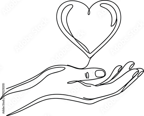 Continuous line heart, hand offering love, minimalist compassion symbol, elegant outline design, emotional gesture, support icon, kindness vector