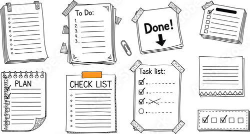 Collection of various sticky notes and to-do lists with checkboxes and reminders to organize tasks and enhance productivity