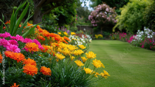 Fototapeta Naklejka Na Ścianę i Meble -  Vibrant orange, yellow, and pink flowers bloom brightly in a lush, well-maintained garden with a green lawn and colorful blossoms on trees in the background.