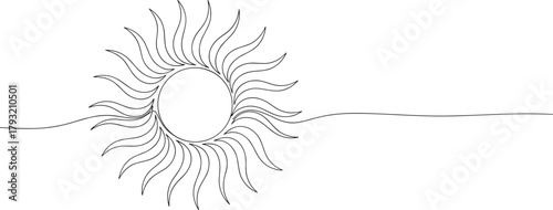 Continuous line sun, swirling flame rays, minimalist solar icon, elegant outline design, abstract nature symbol, summer energy vector, stylized graphic