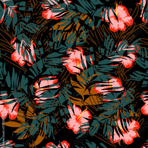 Seamless tropical pattern with red hibiscus flowers and palm leaves on a dark background. Exotic summer floral design perfect for fabric, fashion prints, wallpapers and beachwear.