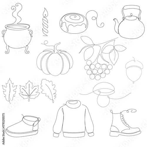 Cozy Autumn Fall Continuous Line Art Elements Collection