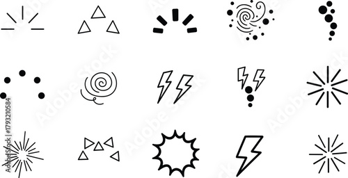 A diverse set of hand-drawn comic and cartoon effect symbols, including lightning bolts, starbursts, and surprise marks, isolated on a white background