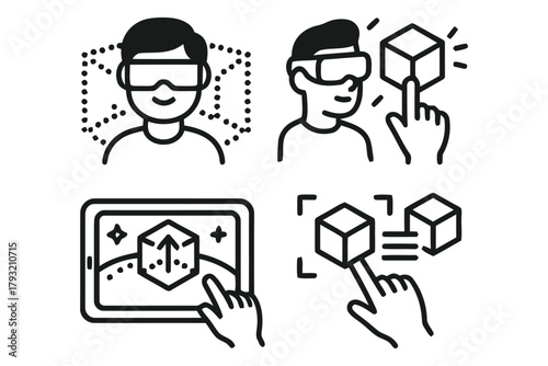 People interact with augmented and virtual reality technology through headsets and tablets.