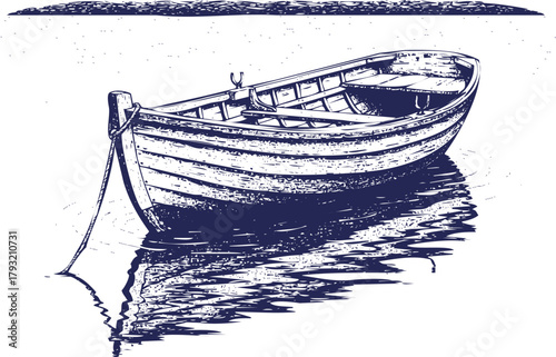 Nautical hand-drawn rowboat anchored on tranquil water graphic