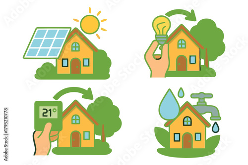 Illustration depicting home energy and water saving concepts like solar power and thermostat control