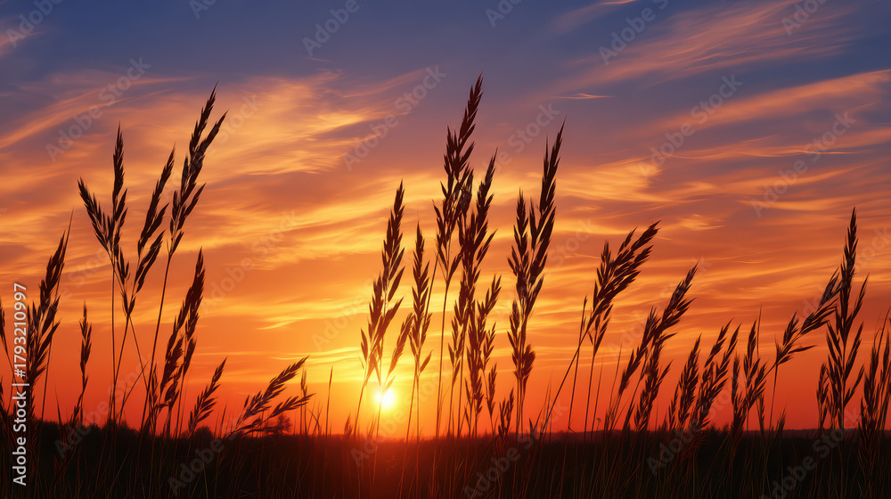 Fototapeta premium Golden sunset illuminates the silhouette of tall grass swaying gently in the breeze, creating a peaceful and serene natural landscape at dusk in the countryside.