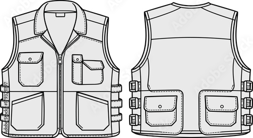 Utility vest, fashion, vector, illustration, sketch, outline, zipper, pocket, strap, buckle, garment, stylish, outdoor, design, apparel, technical, durable, functional, reinforced, layout, structured
