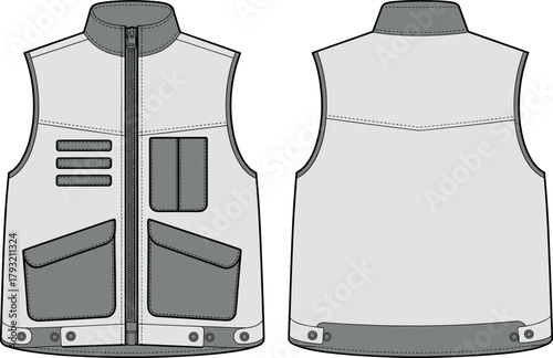Utility vest, vector, illustration, sketch, outline, sleeveless, zipper, pocket, workwear, garment, durable, structured, technical, reinforced, ergonomic, design, layout, silhouette