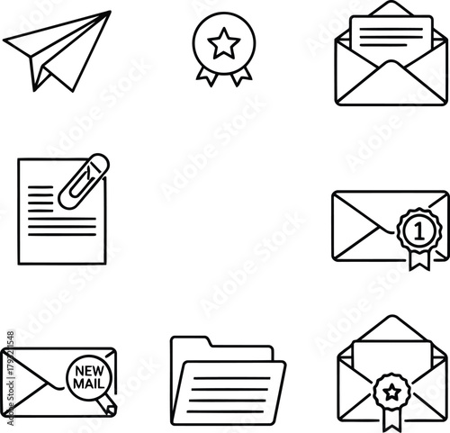 Messaging, email, and document icons collection. communication, files, notification line art set