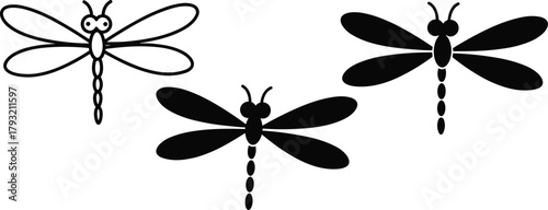 Dragonfly silhouette and outline trio, black and white contrast, minimal insect design, stylized wings, nature form study, visual variation