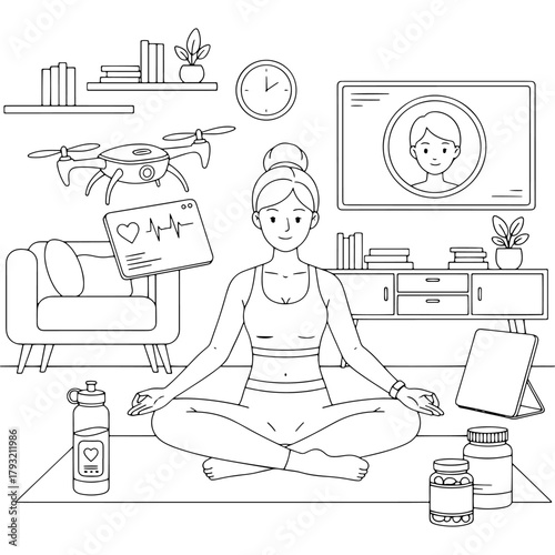 Yoga, technology and health at home. Women's online classes, including drones and health monitoring. Futuristic lifestyle. Line art.
