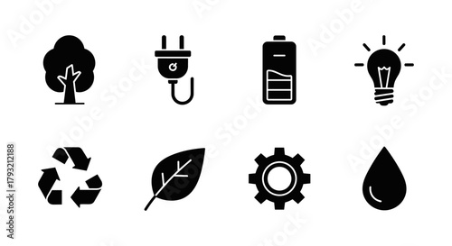 Silhouette icons of eco-friendly energy and sustainability elements