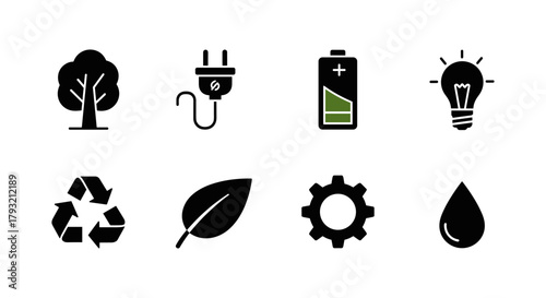 Eco-friendly energy and sustainability icons set