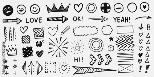Collection of hand drawn black doodles and icons including hearts crowns arrows smiley faces and speech bubbles