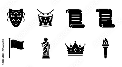Ancient symbols collection: masks, drums, scrolls, flags, statues, crowns, and torches