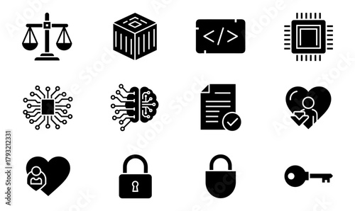 Flat icons for technology and security: blockchain, ai, and privacy symbols