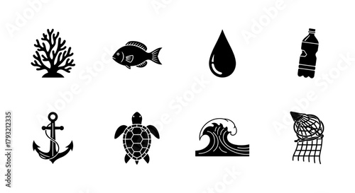 Silhouette marine life and pollution icons: coral, fish, anchor, wave, turtle, water, bottle, net