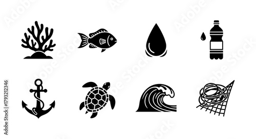 Marine life symbols: icon set featuring ocean and conservation themes